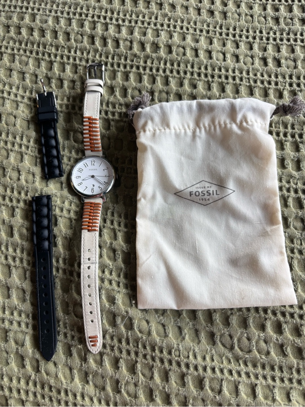 Fossil womens White and Tan Leather Strap Watch with Interchangeable Black Bands